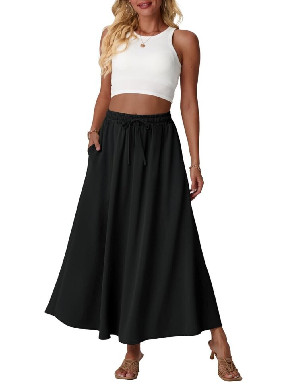 Women Flowy Maxi Skirts High Waisted Summer Casual Long Skirts with Pockets A-Li